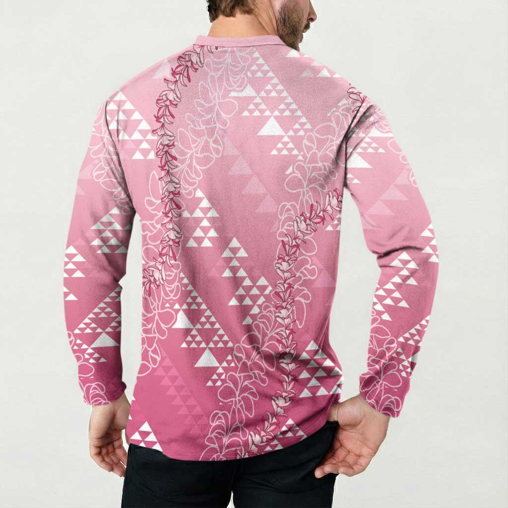 Hawaii Rose Pink Kapa Button Sweatshirt Vintage 'Ohe Kāpala Motifs Mix Plumeria Leis LT7 - Polynesian Pride