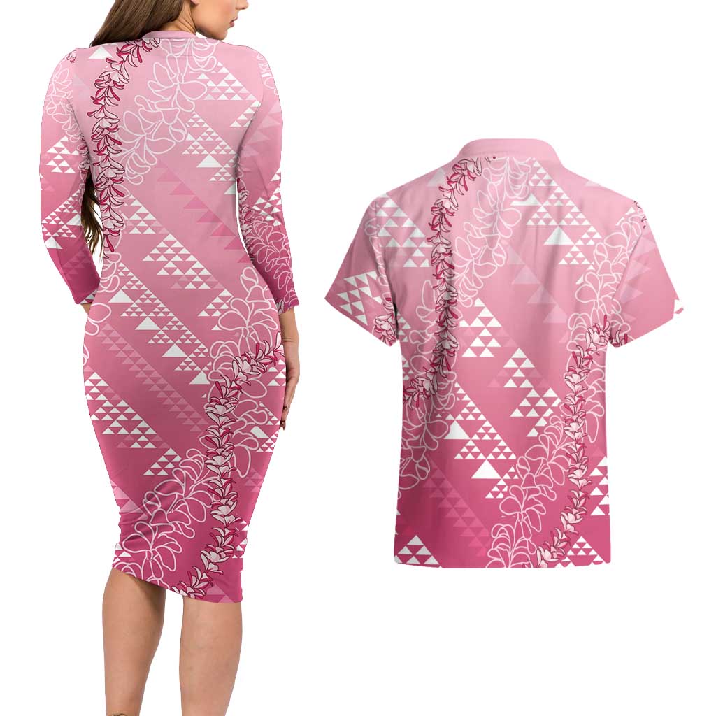Hawaii Rose Pink Kapa Couples Matching Long Sleeve Bodycon Dress and Hawaiian Shirt Vintage 'Ohe Kāpala Motifs Mix Plumeria Leis
