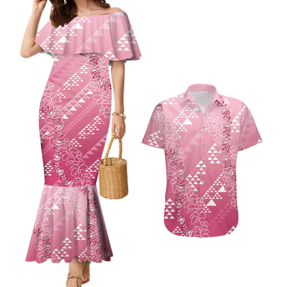 Hawaii Rose Pink Kapa Couples Matching Mermaid Dress and Hawaiian Shirt Vintage 'Ohe Kāpala Motifs Mix Plumeria Leis LT7 Rose Pink - Polynesian Pride