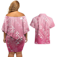 Hawaii Rose Pink Kapa Couples Matching Off Shoulder Short Dress and Hawaiian Shirt Vintage 'Ohe Kāpala Motifs Mix Plumeria Leis