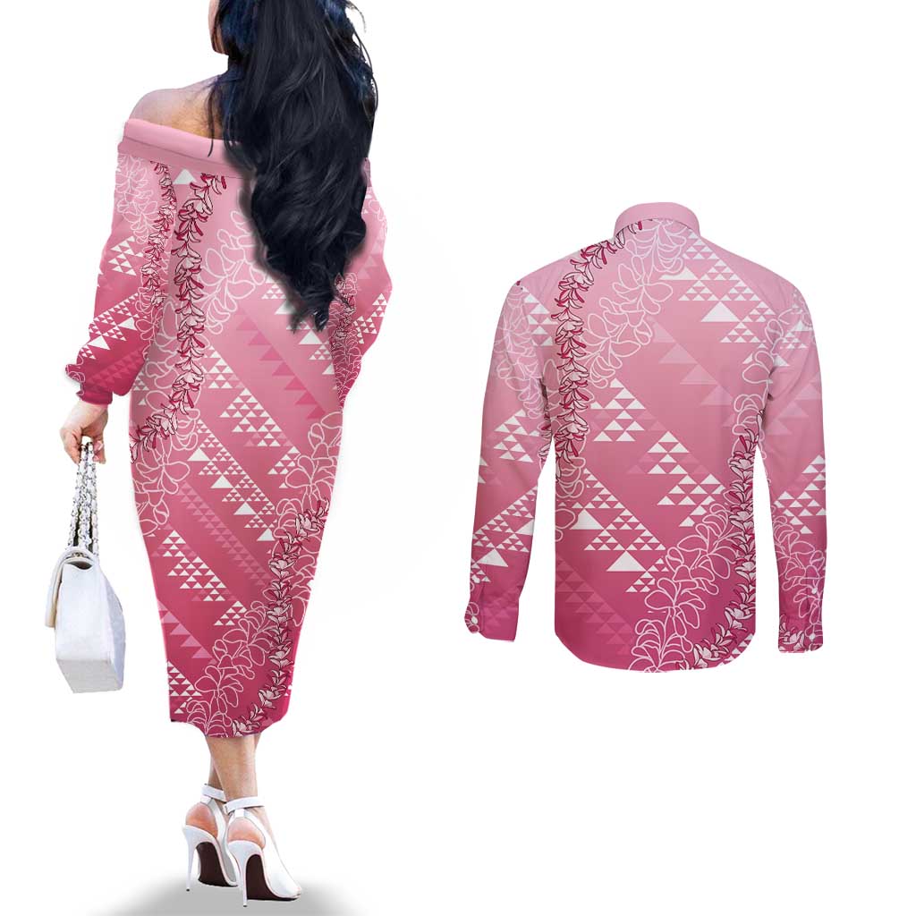 Hawaii Rose Pink Kapa Couples Matching Off The Shoulder Long Sleeve Dress and Long Sleeve Button Shirt Vintage 'Ohe Kāpala Motifs Mix Plumeria Leis