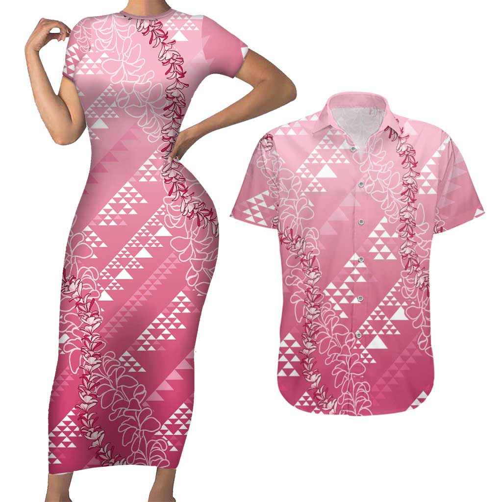 Hawaii Rose Pink Kapa Couples Matching Short Sleeve Bodycon Dress and Hawaiian Shirt Vintage 'Ohe Kāpala Motifs Mix Plumeria Leis LT7 Rose Pink - Polynesian Pride