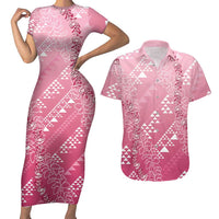 Hawaii Rose Pink Kapa Couples Matching Short Sleeve Bodycon Dress and Hawaiian Shirt Vintage 'Ohe Kāpala Motifs Mix Plumeria Leis