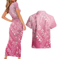 Hawaii Rose Pink Kapa Couples Matching Short Sleeve Bodycon Dress and Hawaiian Shirt Vintage 'Ohe Kāpala Motifs Mix Plumeria Leis