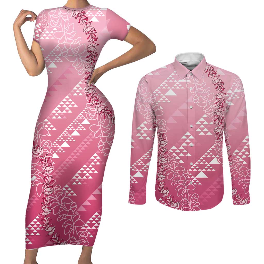 Hawaii Rose Pink Kapa Couples Matching Short Sleeve Bodycon Dress and Long Sleeve Button Shirt Vintage 'Ohe Kāpala Motifs Mix Plumeria Leis