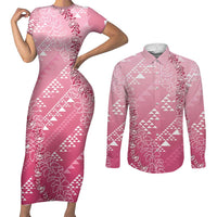 Hawaii Rose Pink Kapa Couples Matching Short Sleeve Bodycon Dress and Long Sleeve Button Shirt Vintage 'Ohe Kāpala Motifs Mix Plumeria Leis