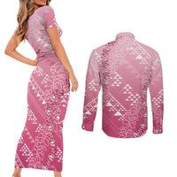 Hawaii Rose Pink Kapa Couples Matching Short Sleeve Bodycon Dress and Long Sleeve Button Shirt Vintage 'Ohe Kāpala Motifs Mix Plumeria Leis