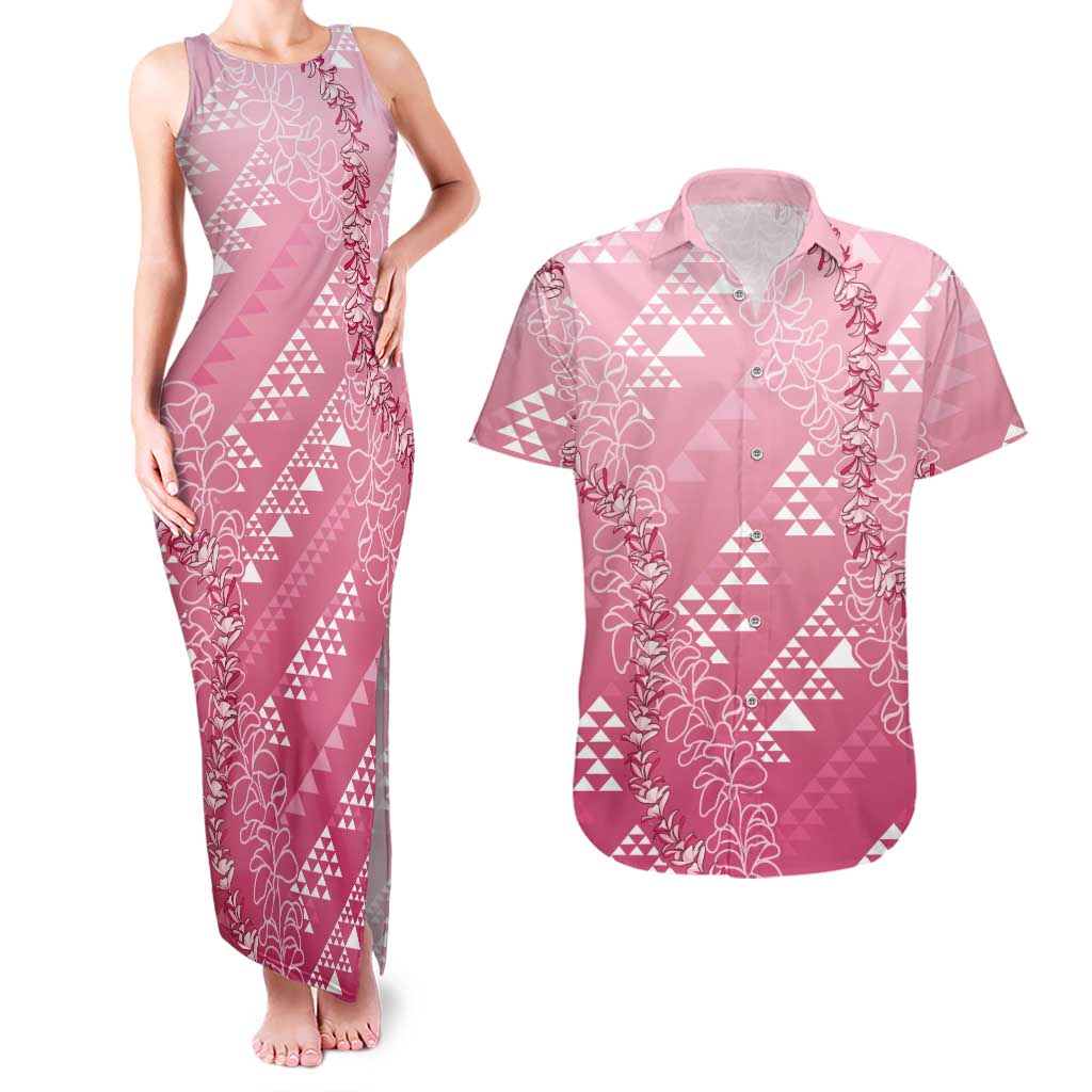 Hawaii Rose Pink Kapa Couples Matching Tank Maxi Dress and Hawaiian Shirt Vintage 'Ohe Kāpala Motifs Mix Plumeria Leis LT7 Rose Pink - Polynesian Pride