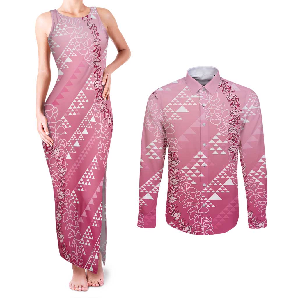 Hawaii Rose Pink Kapa Couples Matching Tank Maxi Dress and Long Sleeve Button Shirt Vintage 'Ohe Kāpala Motifs Mix Plumeria Leis