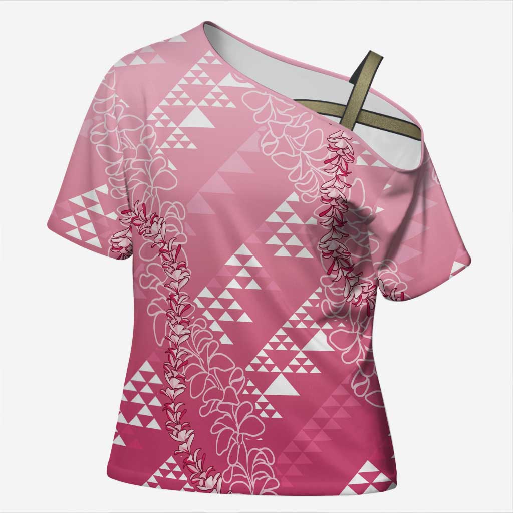 Hawaii Rose Pink Kapa Cross Shoulder Shirt Vintage 'Ohe Kāpala Motifs Mix Plumeria Leis LT7 Female Rose Pink - Polynesian Pride