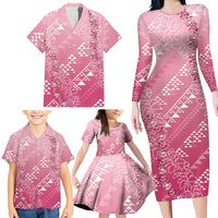 Hawaii Rose Pink Kapa Family Matching Long Sleeve Bodycon Dress and Hawaiian Shirt Vintage 'Ohe Kāpala Motifs Mix Plumeria Leis