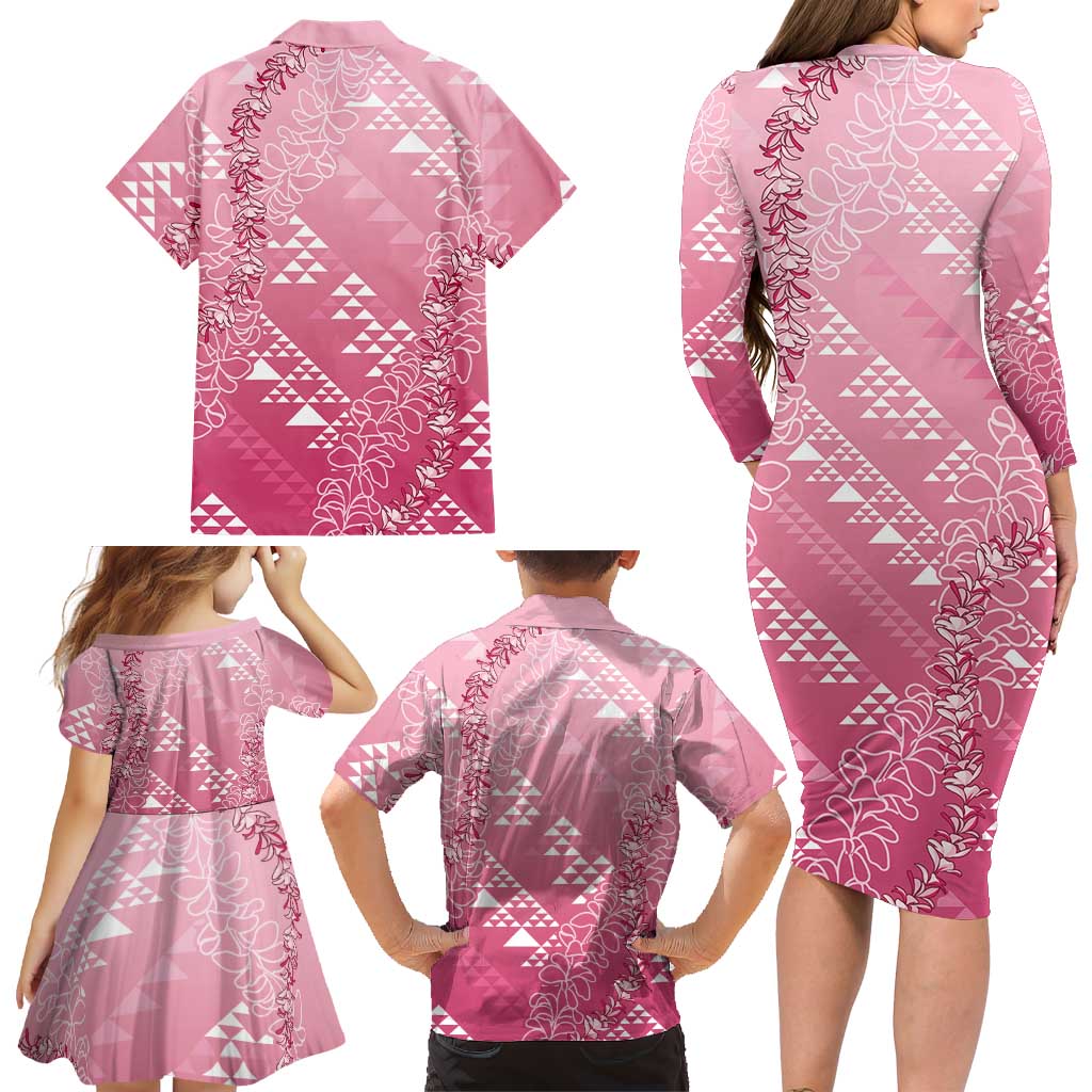 Hawaii Rose Pink Kapa Family Matching Long Sleeve Bodycon Dress and Hawaiian Shirt Vintage 'Ohe Kāpala Motifs Mix Plumeria Leis