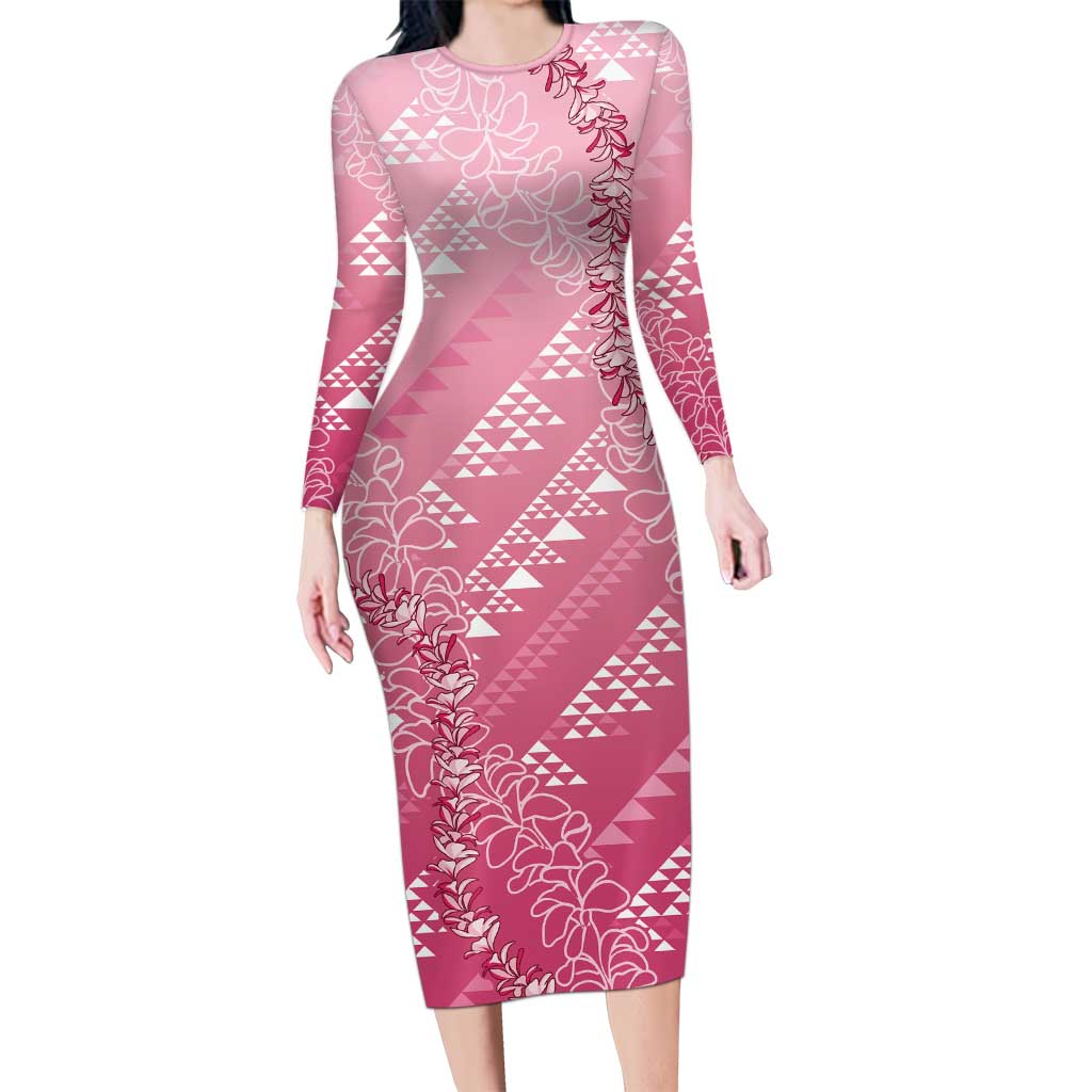 Hawaii Rose Pink Kapa Family Matching Long Sleeve Bodycon Dress and Hawaiian Shirt Vintage 'Ohe Kāpala Motifs Mix Plumeria Leis