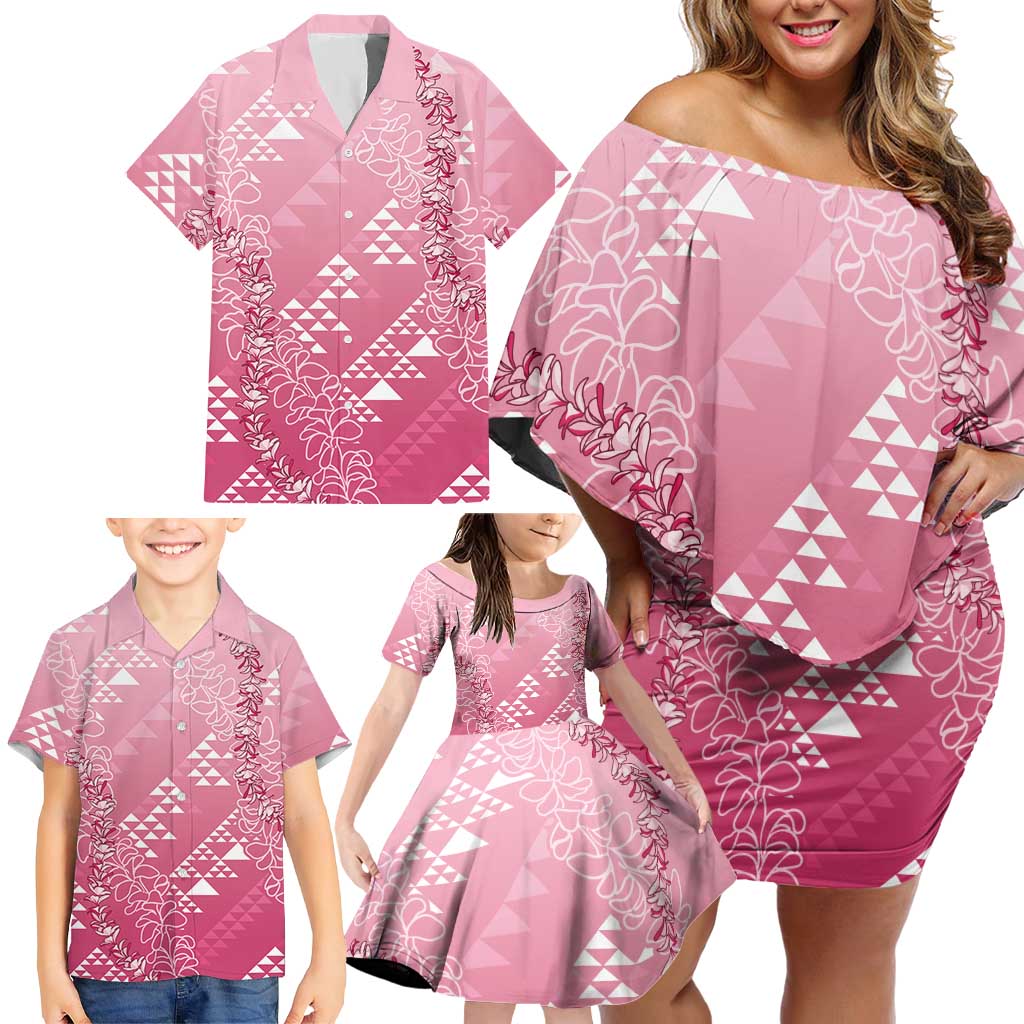 Hawaii Rose Pink Kapa Family Matching Off Shoulder Short Dress and Hawaiian Shirt Vintage 'Ohe Kāpala Motifs Mix Plumeria Leis