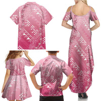 Hawaii Rose Pink Kapa Family Matching Summer Maxi Dress and Hawaiian Shirt Vintage 'Ohe Kāpala Motifs Mix Plumeria Leis