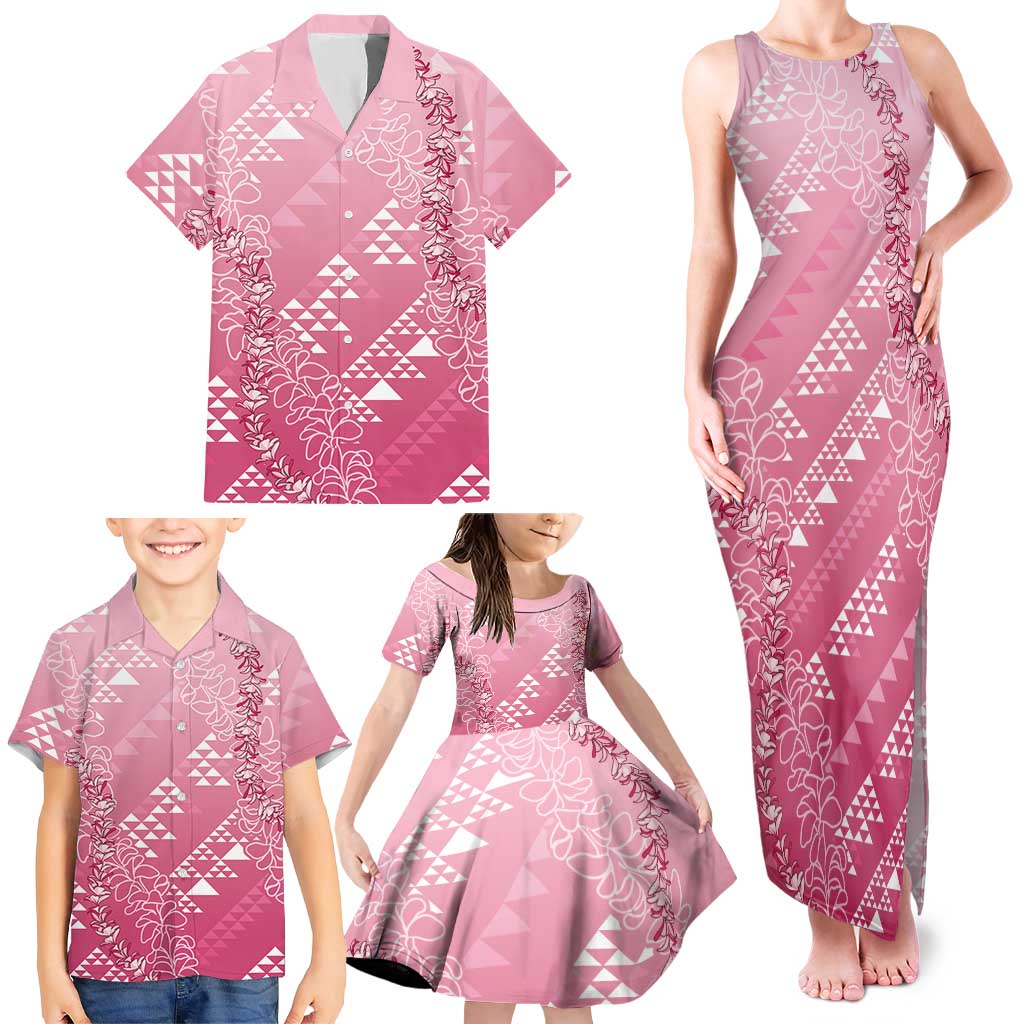 Hawaii Rose Pink Kapa Family Matching Tank Maxi Dress and Hawaiian Shirt Vintage 'Ohe Kāpala Motifs Mix Plumeria Leis