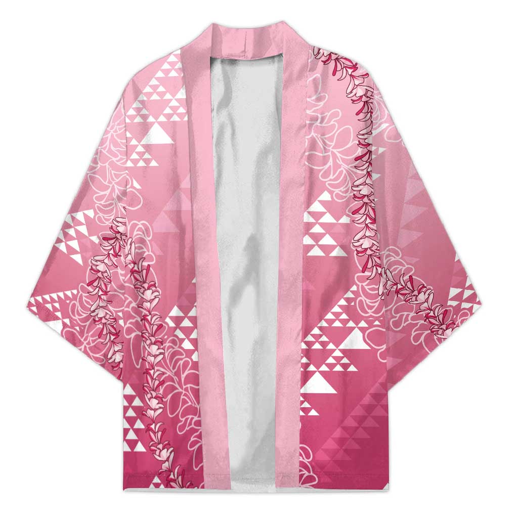 Hawaii Rose Pink Kapa Kimono Vintage 'Ohe Kāpala Motifs Mix Plumeria Leis