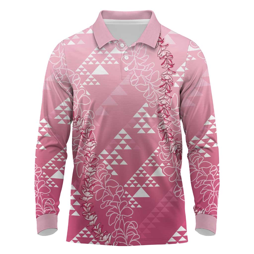 Hawaii Rose Pink Kapa Long Sleeve Polo Shirt Vintage 'Ohe Kāpala Motifs Mix Plumeria Leis LT7 Rose Pink - Polynesian Pride