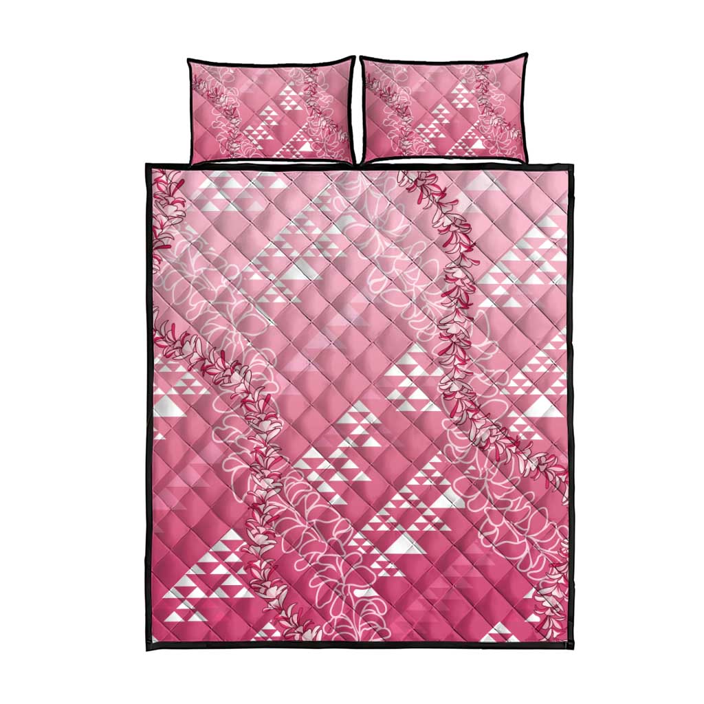 Hawaii Rose Pink Kapa Quilt Bed Set Vintage 'Ohe Kāpala Motifs Mix Plumeria Leis