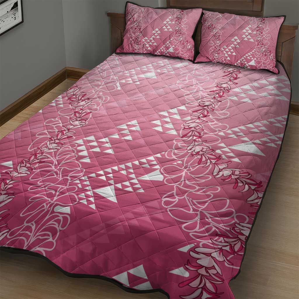 Hawaii Rose Pink Kapa Quilt Bed Set Vintage 'Ohe Kāpala Motifs Mix Plumeria Leis
