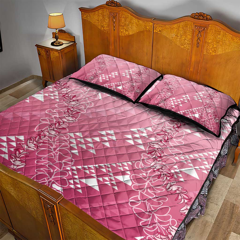 Hawaii Rose Pink Kapa Quilt Bed Set Vintage 'Ohe Kāpala Motifs Mix Plumeria Leis