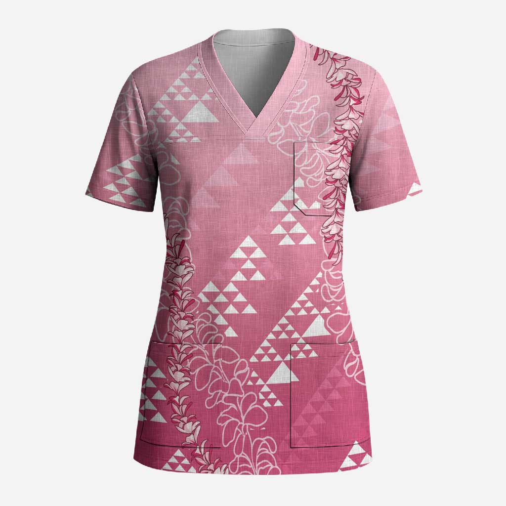 Hawaii Rose Pink Kapa Scrub Top Vintage 'Ohe Kāpala Motifs Mix Plumeria Leis LT7 Adult Rose Pink - Polynesian Pride