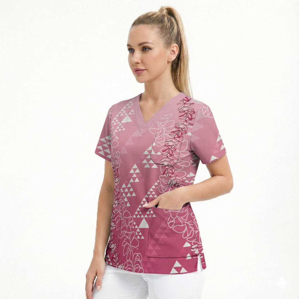 Hawaii Rose Pink Kapa Scrub Top Vintage 'Ohe Kāpala Motifs Mix Plumeria Leis LT7 - Polynesian Pride