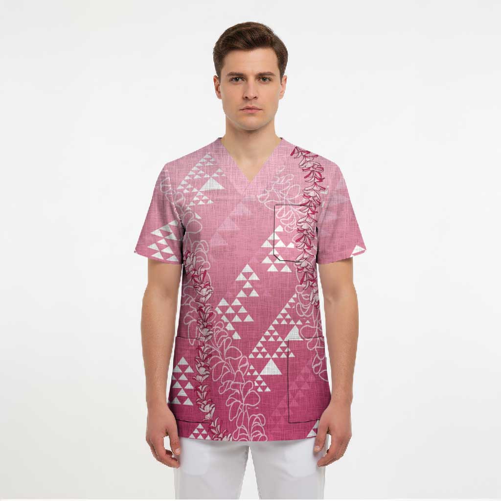 Hawaii Rose Pink Kapa Scrub Top Vintage 'Ohe Kāpala Motifs Mix Plumeria Leis LT7 - Polynesian Pride