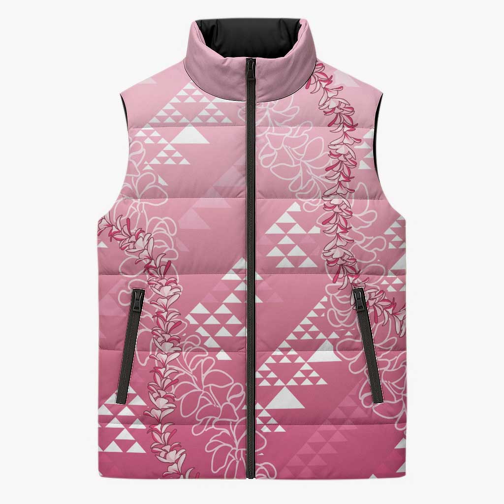 Hawaii Rose Pink Kapa Sleeveless Puffer Jacket Vintage 'Ohe Kāpala Motifs Mix Plumeria Leis