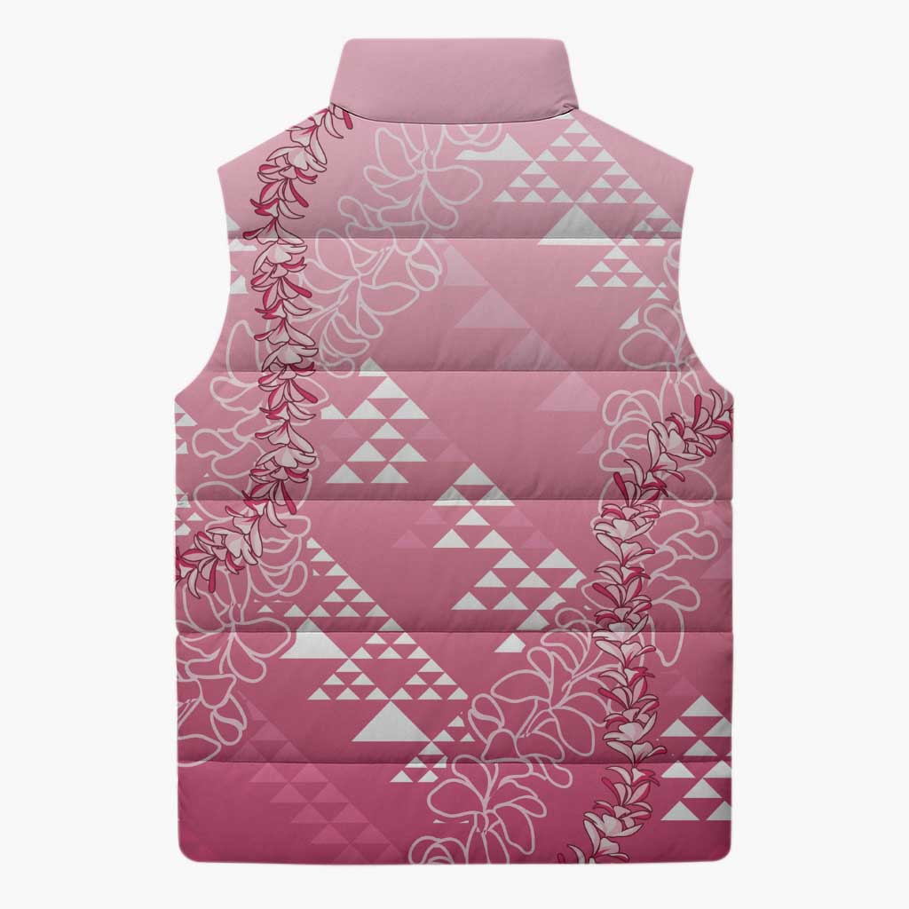 Hawaii Rose Pink Kapa Sleeveless Puffer Jacket Vintage 'Ohe Kāpala Motifs Mix Plumeria Leis