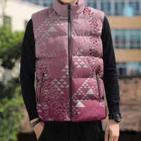 Hawaii Rose Pink Kapa Sleeveless Puffer Jacket Vintage 'Ohe Kāpala Motifs Mix Plumeria Leis