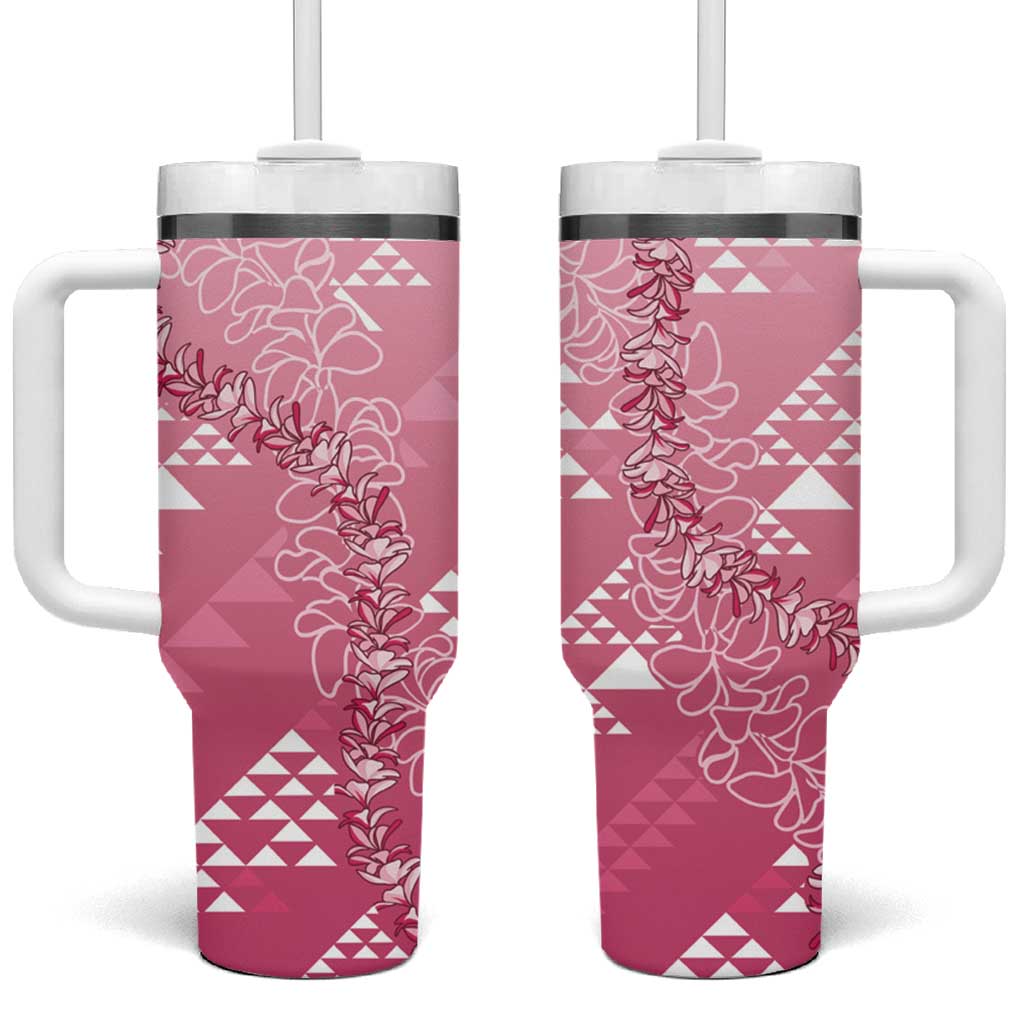 Hawaii Rose Pink Kapa Tumbler With Handle Vintage 'Ohe Kāpala Motifs Mix Plumeria Leis LT7 One Size: 40 oz Rose Pink - Polynesian Pride
