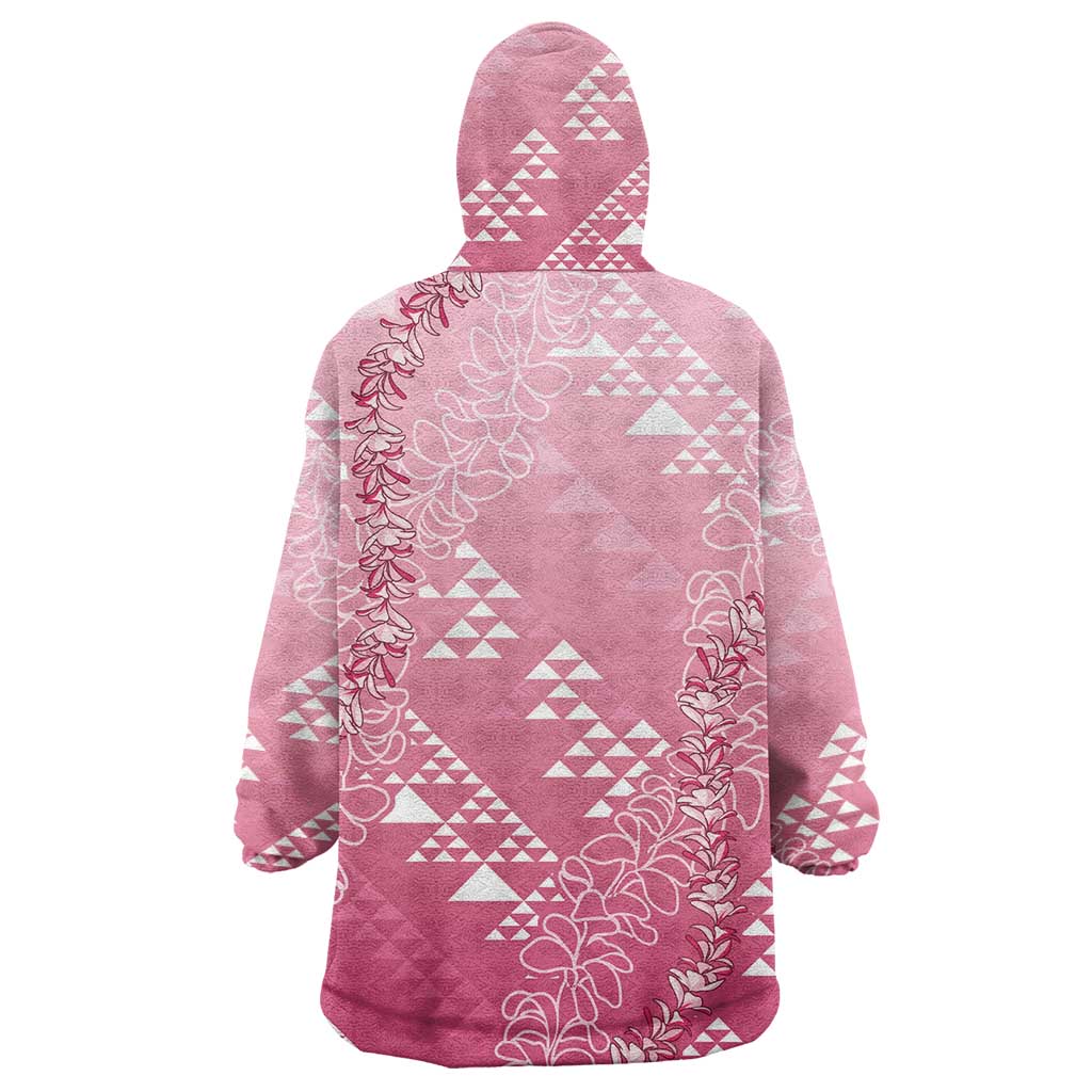 Hawaii Rose Pink Kapa Wearable Blanket Hoodie Vintage 'Ohe Kāpala Motifs Mix Plumeria Leis