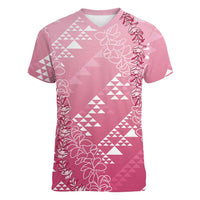 Hawaii Rose Pink Kapa Women V-Neck T-Shirt Vintage 'Ohe Kāpala Motifs Mix Plumeria Leis