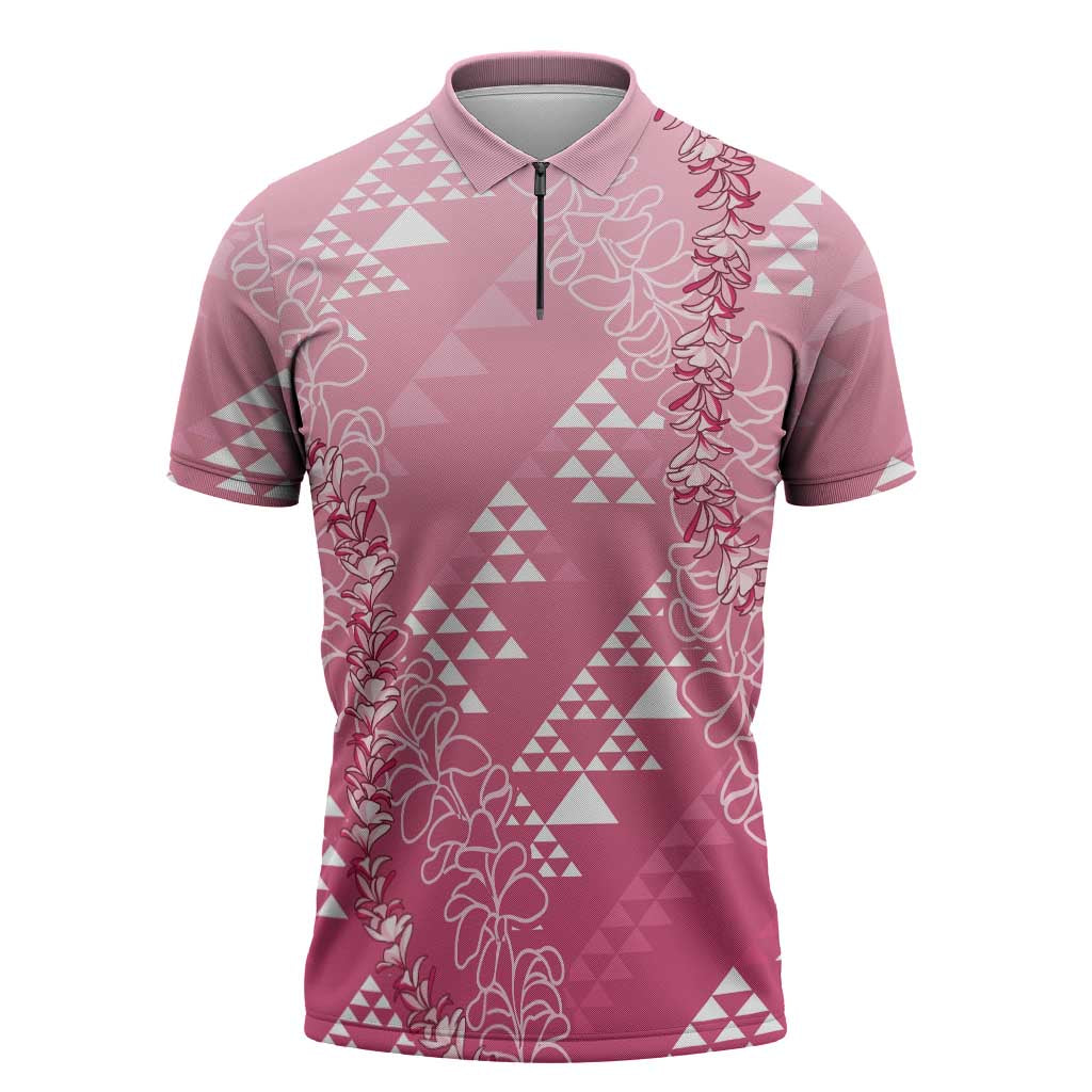 Hawaii Rose Pink Kapa Zipper Polo Shirt Vintage 'Ohe Kāpala Motifs Mix Plumeria Leis LT7 Rose Pink - Polynesian Pride
