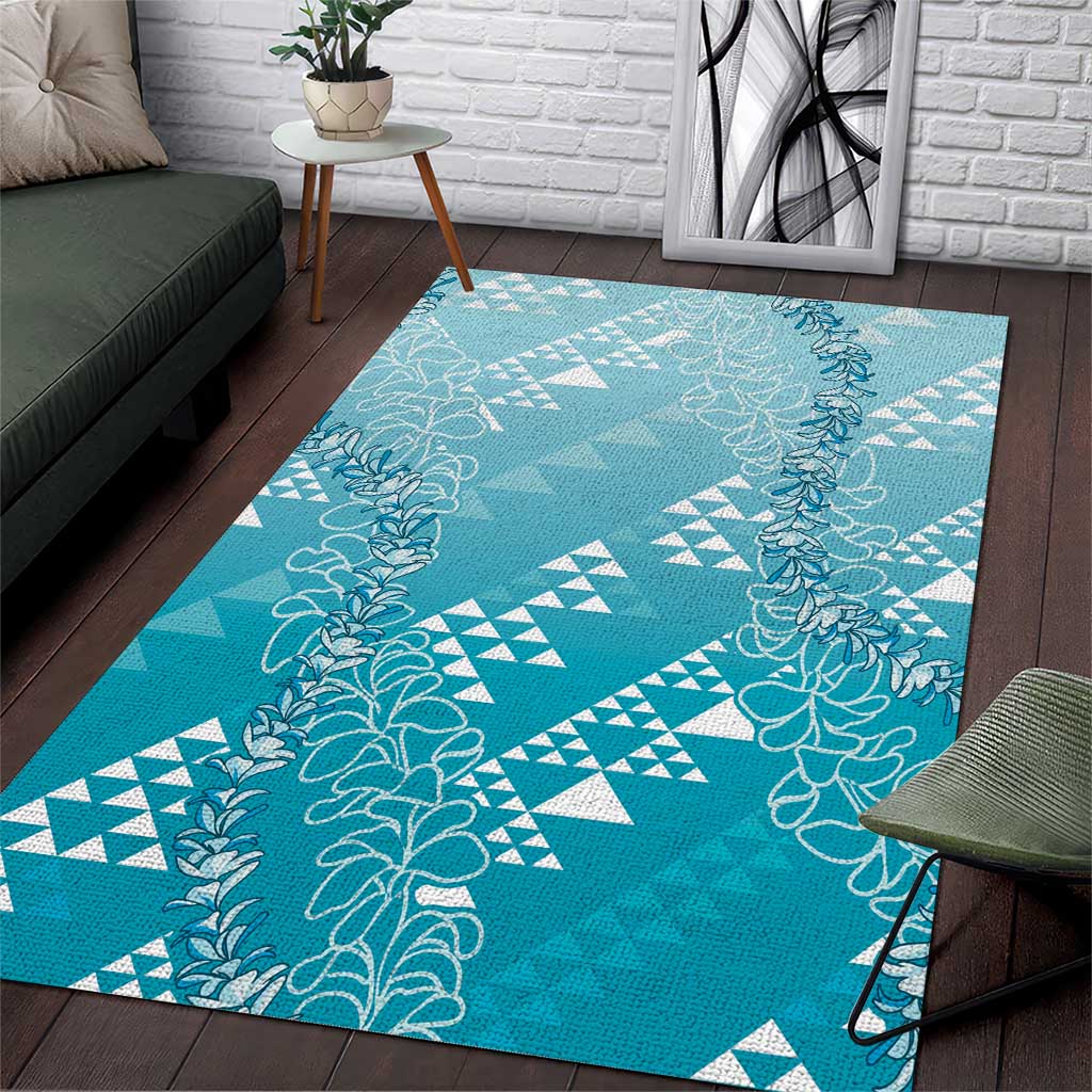 Hawaii Turquoise Kapa Area Rug Vintage 'Ohe Kāpala Motifs Mix Plumeria Leis