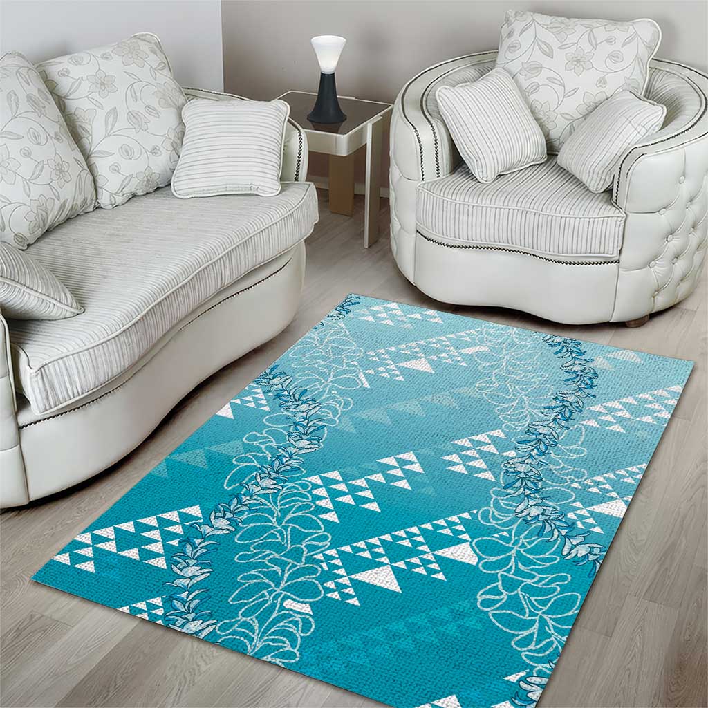 Hawaii Turquoise Kapa Area Rug Vintage 'Ohe Kāpala Motifs Mix Plumeria Leis