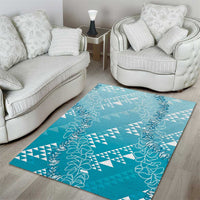 Hawaii Turquoise Kapa Area Rug Vintage 'Ohe Kāpala Motifs Mix Plumeria Leis
