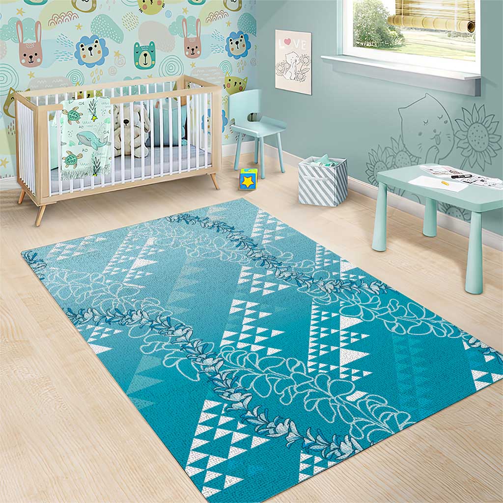 Hawaii Turquoise Kapa Area Rug Vintage 'Ohe Kāpala Motifs Mix Plumeria Leis