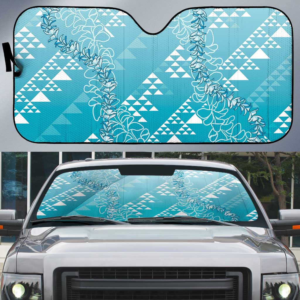 Hawaii Turquoise Kapa Auto Sun Shade Vintage 'Ohe Kāpala Motifs Mix Plumeria Leis LT7 Turquoise - Polynesian Pride