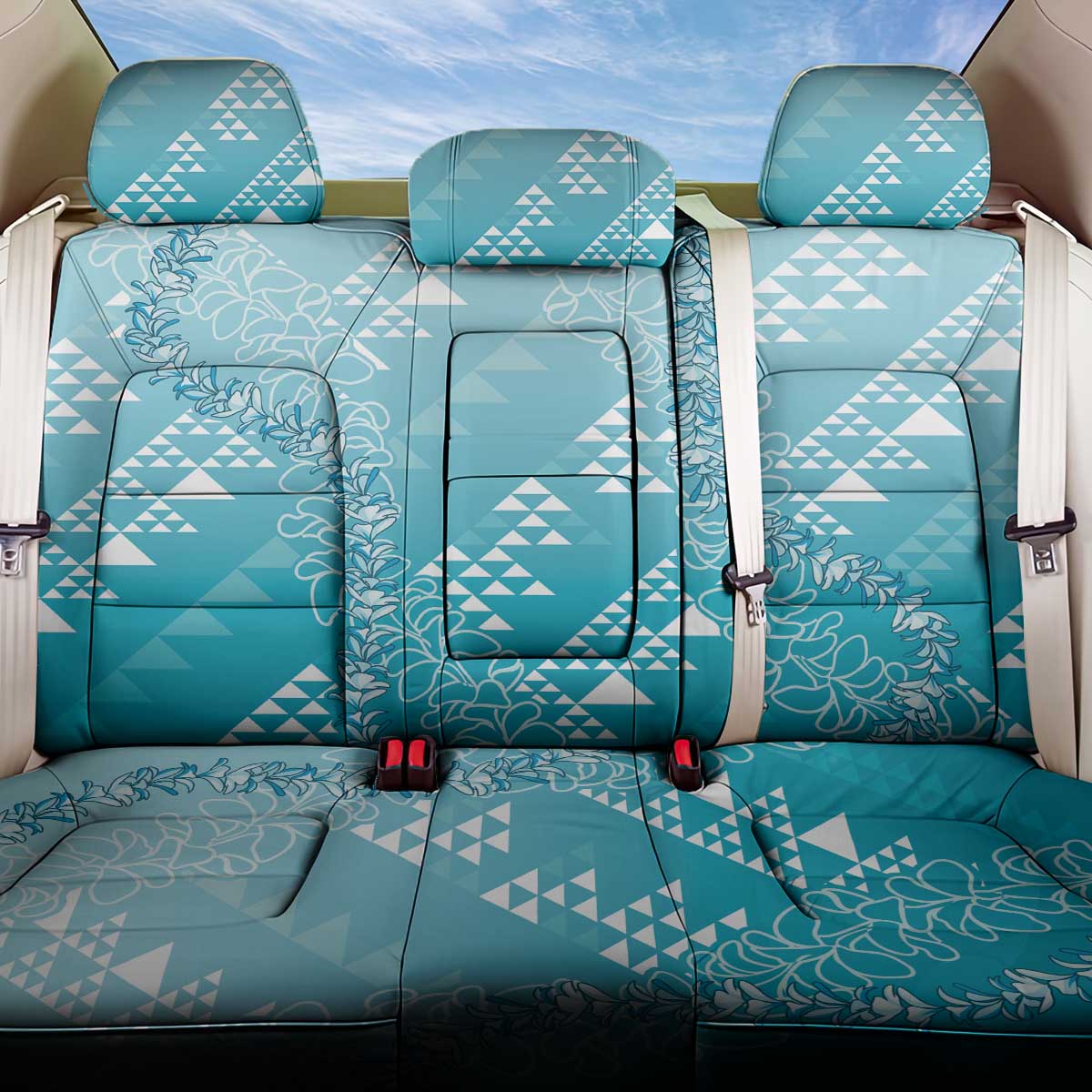 Hawaii Turquoise Kapa Back Car Seat Cover Vintage 'Ohe Kāpala Motifs Mix Plumeria Leis