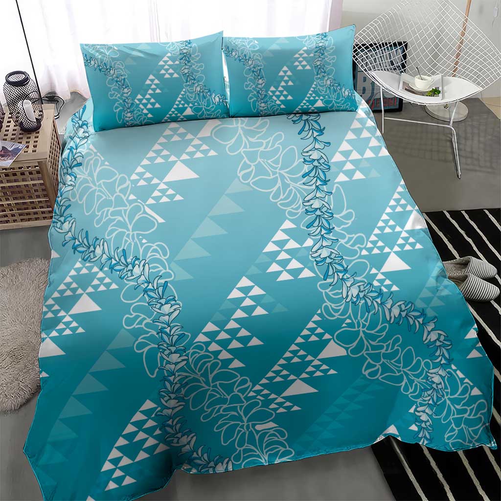 Hawaii Turquoise Kapa Bedding Set Vintage 'Ohe Kāpala Motifs Mix Plumeria Leis LT7 - Polynesian Pride