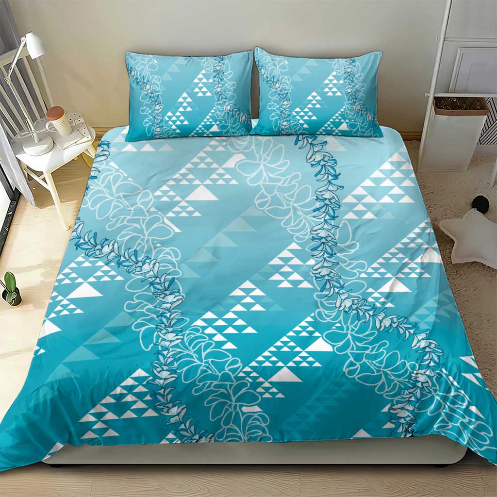Hawaii Turquoise Kapa Bedding Set Vintage 'Ohe Kāpala Motifs Mix Plumeria Leis LT7 - Polynesian Pride