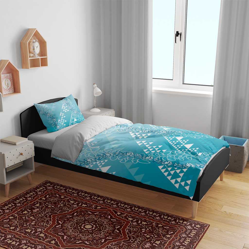 Hawaii Turquoise Kapa Bedding Set Vintage 'Ohe Kāpala Motifs Mix Plumeria Leis LT7 - Polynesian Pride