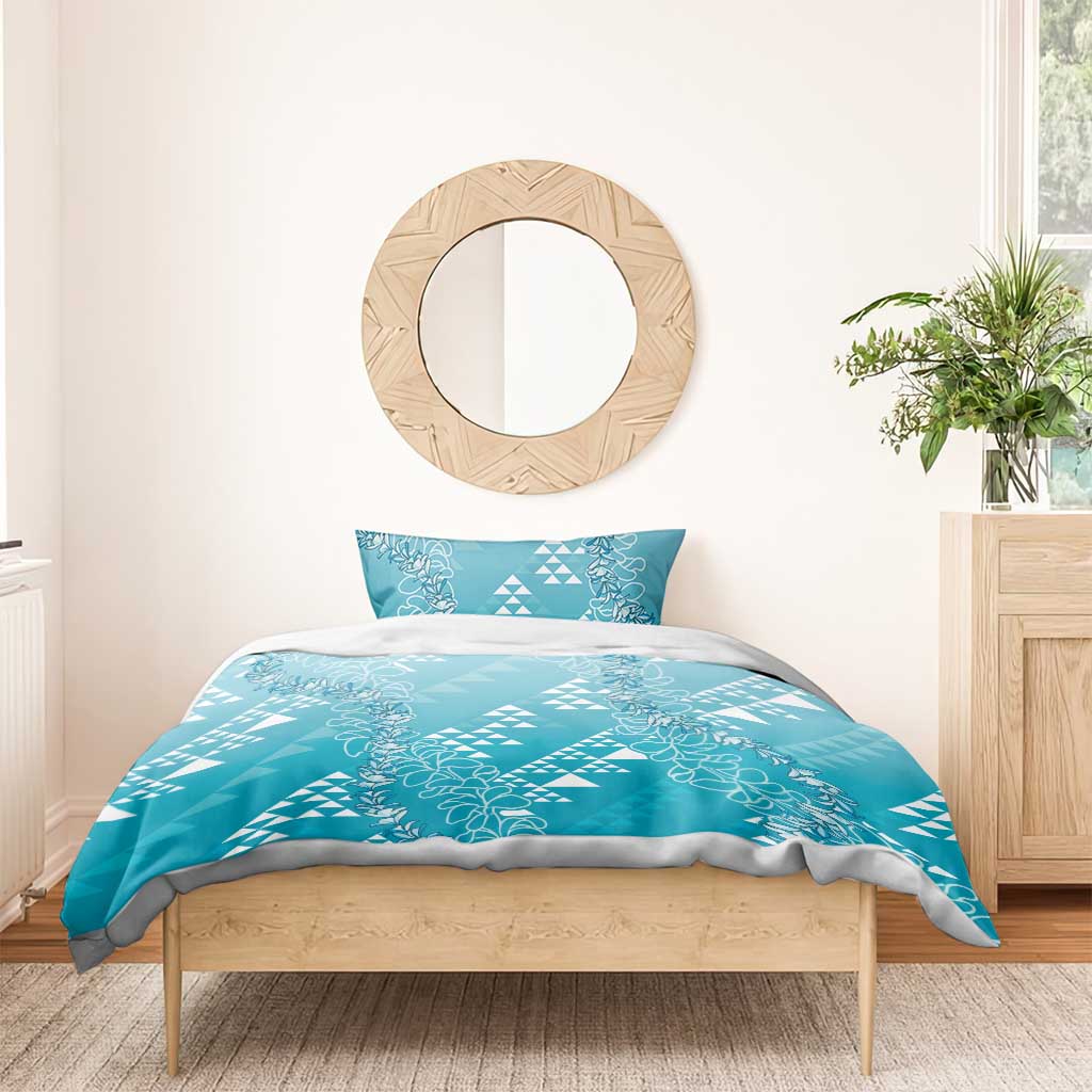 Hawaii Turquoise Kapa Bedding Set Vintage 'Ohe Kāpala Motifs Mix Plumeria Leis LT7 - Polynesian Pride