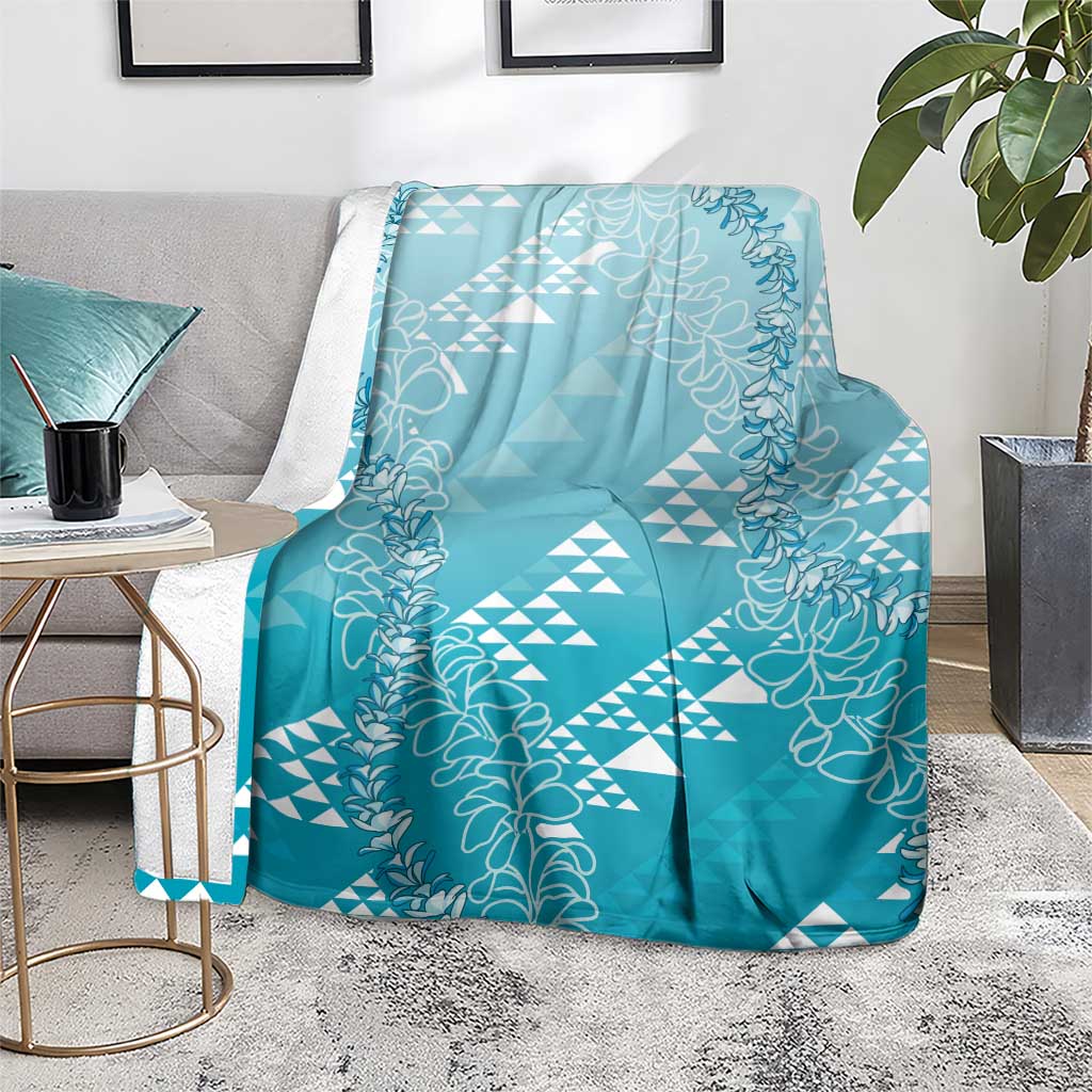 Hawaii Turquoise Kapa Blanket Vintage 'Ohe Kāpala Motifs Mix Plumeria Leis LT7 - Polynesian Pride