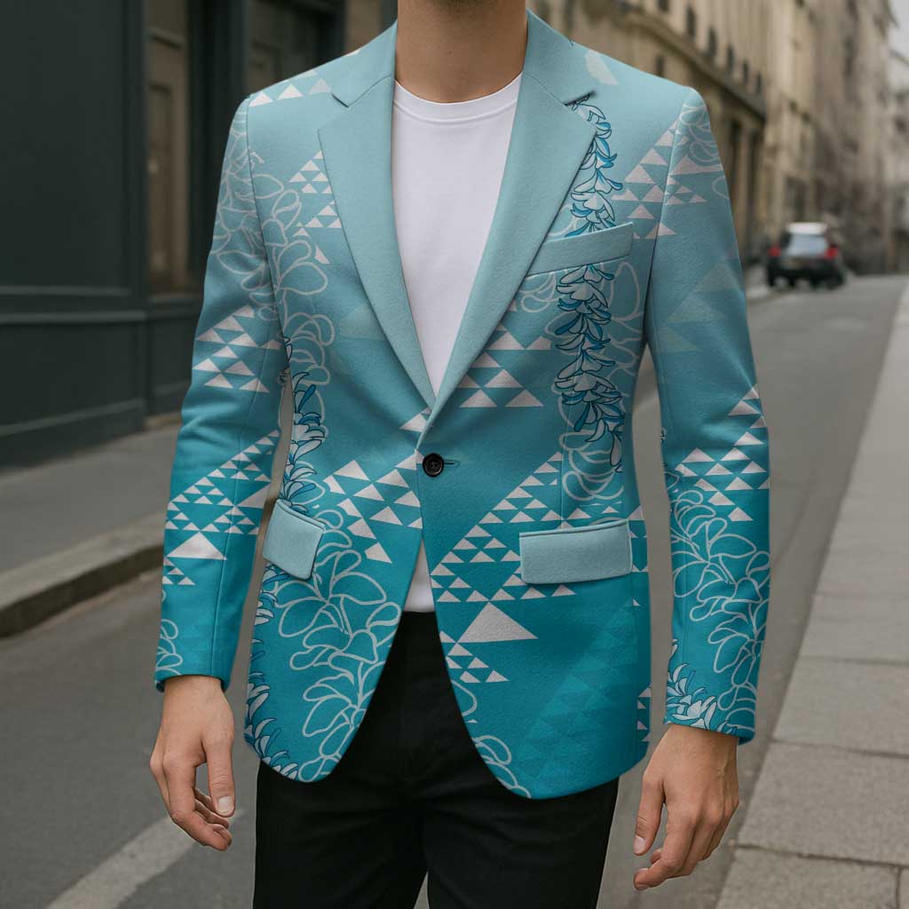 Hawaii Turquoise Kapa Blazer Vintage 'Ohe Kāpala Motifs Mix Plumeria Leis LT7 - Polynesian Pride