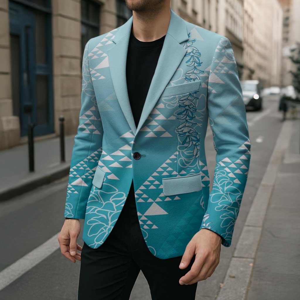 Hawaii Turquoise Kapa Blazer Vintage 'Ohe Kāpala Motifs Mix Plumeria Leis LT7 - Polynesian Pride