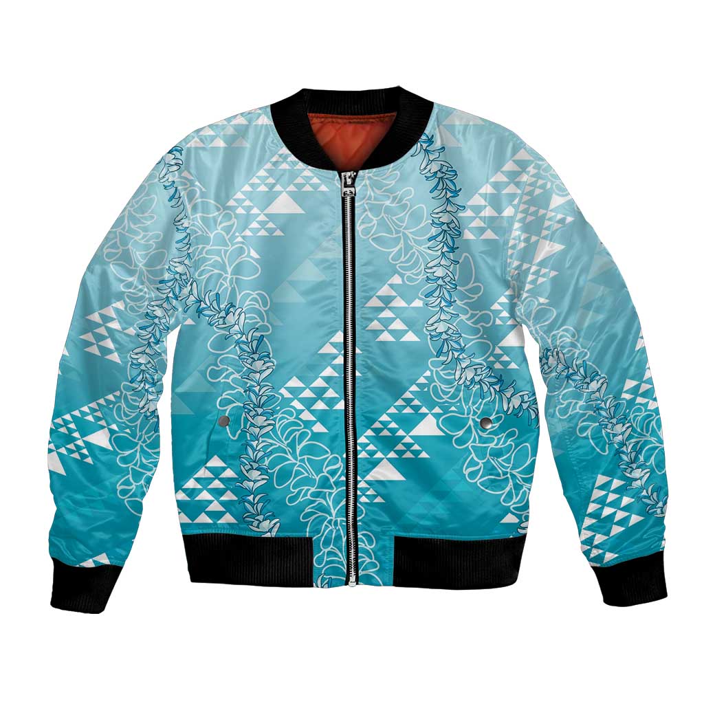 Hawaii Turquoise Kapa Bomber Jacket Vintage 'Ohe Kāpala Motifs Mix Plumeria Leis LT7 Unisex Turquoise - Polynesian Pride