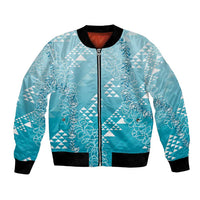 Hawaii Turquoise Kapa Bomber Jacket Vintage 'Ohe Kāpala Motifs Mix Plumeria Leis LT7 Unisex Turquoise - Polynesian Pride